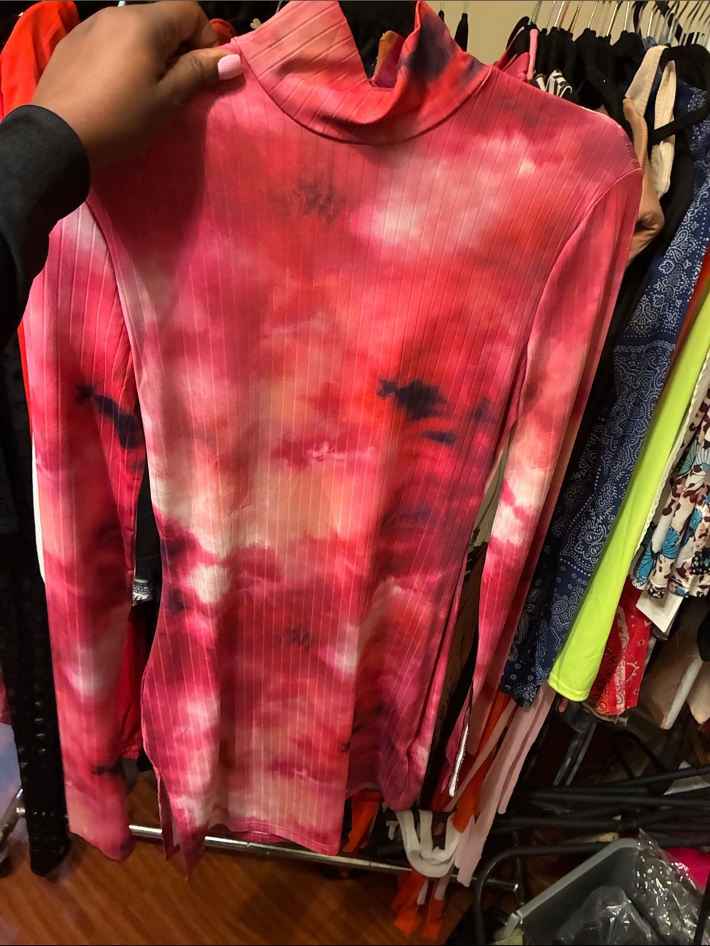 Women’s Mock Neck Long Sleeve Dress - Pink Tie-Dye